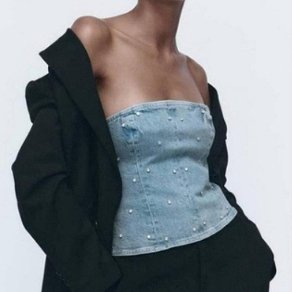 Zara Denim Top Jewel Corset Rhinestone size S - Picture 3 of 12